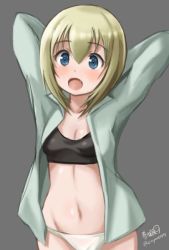 Rule 34 | 1girl, arms behind head, artist name, bad id, bad twitter id, black bra, blonde hair, blue eyes, bra, breasts, cleavage, commentary request, cowboy shot, erica hartmann, haruhata mutsuki, looking at viewer, medium breasts, navel, no pants, open clothes, open mouth, open shirt, panties, shirt, short hair, signature, smile, solo, standing, strike witches, twitter username, underwear, upper body, white panties, white shirt, world witches series