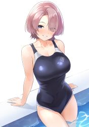 Rule 34 | 1girl, absurdres, arimura mao, arm support, b1ack illust, blue eyes, blush, breasts, cleavage, collarbone, competition school swimsuit, gakuen idolmaster, hair over one eye, highres, idolmaster, large breasts, looking at viewer, pink hair, pool, poolside, refraction, school swimsuit, smile, solo, swimsuit