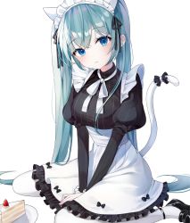 Rule 34 | animal ears, artist request, blouse, blue eyes, blue hair, breasts, cake, cat ears, cat girl, cat tail, flower, food, frills, fruit, hair ribbon, hatsune miku, highres, kemonomimi mode, large breasts, long hair, maid, maid headdress, mary janes, ribbon, shirt, shoes, sitting, socks, solo, strawberry, striped clothes, striped shirt, tail, tail ornament, tail ribbon, twintails, v arms, very long hair, vocaloid, wariza, white background, yokozuwari