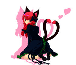 Rule 34 | 1girl, animal ears, bad id, bad pixiv id, braid, cat ears, cat girl, cat tail, female focus, full body, heart, heart tail, kaenbyou rin, kneeling, mogiki hayami, multiple tails, solo, tail, touhou, twin braids, twintails, white background