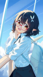 Rule 34 | 1girl, absurdres, ayane (blue archive), backpack, bag, black hair, black skirt, blue archive, blush, collared shirt, glasses, highres, long sleeves, looking at viewer, open mouth, painterliuhao, pointy ears, red-framed eyewear, shirt, short hair, skirt, smile, solo, upper body, white shirt, yellow eyes