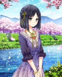 Rule 34 | 1girl, absurdres, black hair, blue sky, bracelet, cherry blossoms, cloud, collarbone, day, dress, floral print, flower, green ribbon, grey eyes, hair ribbon, highres, jewelry, kishida mel, looking at viewer, outdoors, own hands together, petals, pink flower, purple dress, ribbon, river, school fanfare, short hair, sky, smile, solo, stairs, standing, tree