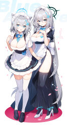Rule 34 | 2girls, animal ears, apple caramel, apron, black dress, black footwear, black thighhighs, blue archive, blue bow, blue bowtie, blue eyes, blue halo, blush, bow, bowtie, breasts, cleavage, cross hair ornament, dark halo, detached collar, dress, dual persona, extra ears, frilled apron, frills, full body, grey hair, hair between eyes, hair ornament, halo, high heels, highres, large breasts, long hair, maid apron, medium hair, mismatched pupils, multiple girls, open mouth, parted lips, puffy short sleeves, puffy sleeves, shiroko (blue archive), shiroko terror (blue archive), shoes, short sleeves, standing, thighhighs, white apron, white footwear, white thighhighs, wolf ears