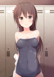 Rule 34 | 1girl, aibumi, arms behind back, bare shoulders, blush, breasts, brown eyes, brown hair, closed mouth, collarbone, competition school swimsuit, covered navel, grey eyes, grey hair, hair between eyes, highres, indoors, light smile, locker, locker room, long hair, looking at viewer, one-piece swimsuit, original, pen-zin, school swimsuit, skin tight, small breasts, smile, solo, standing, swimsuit