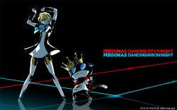 Rule 34 | 10s, 1girl, :3, aegis (persona), android, animal ears, arms up, atlus, black background, blonde hair, blue eyes, bow, cat, cat ears, cat tail, copyright name, crown, dancing, dress, headphones, joints, morgana (persona 5), official art, persona, persona 3, persona 3: dancing moon night, persona 5, persona 5: dancing star night, persona dancing, robot joints, scarf, short hair, soejima shigenori, tail