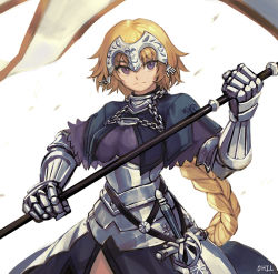 Rule 34 | 1girl, armor, armored dress, banner, black capelet, blonde hair, braid, breasts, capelet, chain, closed mouth, dress, fate/apocrypha, fate (series), flag, gauntlets, headpiece, holding, jeanne d&#039;arc (fate), jeanne d&#039;arc (ruler) (fate), long hair, medium breasts, ohil (ohil822), purple dress, purple eyes, single braid, solo, sword, very long hair, weapon
