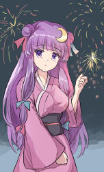 Rule 34 | 1girl, alternate costume, blue bow, bow, breasts, crescent, crescent hair ornament, crescent pin, fireworks, hair bow, hair ornament, highres, holding fireworks, japanese clothes, kimono, long hair, namiki (remiter00), obi, patchouli knowledge, pink kimono, purple eyes, purple hair, red bow, sash, sparkler, touhou