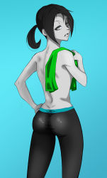 Rule 34 | 1girl, absurdres, ass, black hair, colored skin, erodrunky, grey skin, highres, looking at viewer, looking back, nintendo, open mouth, super smash bros., topless, wii fit, wii fit trainer, wii fit trainer (female)