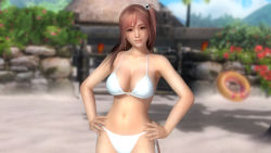 Rule 34 | 1girl, 3d, beach, bikini, breasts, cleavage, dead or alive, dead or alive 5, female focus, flower, hands on own hips, highres, honoka (doa), large breasts, nature, navel, official art, outdoors, pink eyes, pink hair, plant, sky, solo, swimsuit, tecmo, wallpaper, white bikini