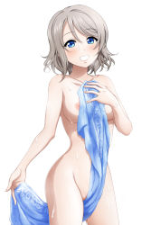Rule 34 | 10s, 1girl, blue eyes, blue towel, blush, breasts, collarbone, completely nude, covering privates, covering breasts, grey hair, grin, hair between eyes, holding, holding towel, looking at viewer, love live!, love live! sunshine!!, medium breasts, miel (lessontome), naked towel, nipples, nude, revision, short hair, simple background, smile, solo, standing, towel, watanabe you, wet, white background