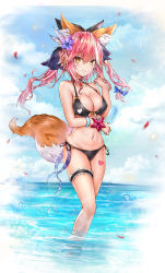 Rule 34 | 1girl, animal ear fluff, animal ears, bare arms, bare legs, bare shoulders, bikini, black bikini, black choker, blue flower, blue ribbon, blue sky, breasts, bubble, choker, cleavage, cloud, cloudy sky, collarbone, day, fang, fate/grand order, fate (series), flower, food, hair flower, hair ornament, halterneck, halterneck, hand up, highres, holding, holding food, horizon, large breasts, bridal garter, long hair, looking at viewer, luminous, navel, ocean, outdoors, petals, pink hair, popsicle, ribbon, side-tie bikini bottom, sky, smile, solo, standing, star (symbol), stomach, swimsuit, tail, tamamo (fate), tamamo no mae (fate/extra), thighs, twintails, wading, water, wristband, yellow eyes