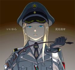Rule 34 | 1girl, armband, black necktie, blonde hair, blue eyes, brown background, closed mouth, collared shirt, gloves, grey gloves, grey jacket, hat, jacket, long hair, long sleeves, looking at viewer, military, military jacket, military uniform, necktie, original, peaked cap, riding crop, shirt, solo, tocky, translated, uniform, white shirt, wing collar