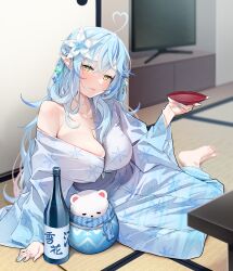 Rule 34 | 1girl, absurdres, agnamore, ahoge, barefoot, blue flower, blue hair, blue kimono, blue nails, blurry, blurry background, blush, bottle, braid, breasts, cleavage, closed mouth, colored tips, commentary request, cup, daifuku (yukihana lamy), depth of field, flat screen tv, flower, full body, hair flower, hair ornament, half updo, hand up, heart, heart ahoge, highres, holding, hololive, indoors, japanese clothes, kimono, large breasts, long hair, long sleeves, looking at viewer, multicolored hair, nail polish, off shoulder, on floor, pink nails, pointy ears, print kimono, sakazuki, sake bottle, sitting, snowflake print, solo focus, streaked hair, table, tatami, television, toenail polish, toenails, very long hair, virtual youtuber, white flower, wide sleeves, yellow eyes, yokozuwari, yukihana lamy