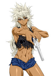 Rule 34 | 1girl, breasts, brown eyes, cowboy shot, dark-skinned female, dark skin, gun, handgun, kaise sousuke, large breasts, long hair, messy hair, midriff, navel, open fly, original, pistol, revolver, silver hair, simple background, solo, standing, tank top, toned, torn clothes, unzipped, weapon