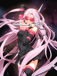 Rule 34 | 1girl, arm behind head, armpits, bare shoulders, black thighhighs, blindfold, chain, closed mouth, facial mark, fate/stay night, fate (series), forehead mark, highres, long hair, medusa (fate), medusa (rider) (fate), nameless dagger (fate), pink hair, ronopu, solo, tattoo, thighhighs, very long hair, weapon
