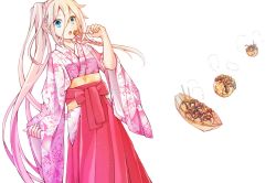 Rule 34 | 1girl, :o, aqua eyes, blonde hair, braid, dying0414, eating, food, hair between eyes, hand up, holding, holding food, ia (vocaloid), japanese clothes, kimono, long hair, long skirt, looking at viewer, open mouth, pink kimono, ponytail, red skirt, side ponytail, simple background, skirt, solo, takoyaki, tray, very long hair, vocaloid, white background, wide sleeves