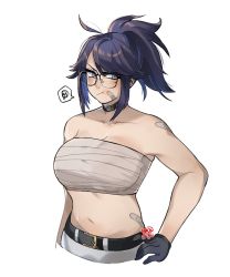 Rule 34 | 1girl, bandaid, bandaid on face, bandaid on shoulder, belt, belt buckle, breasts, buckle, chest sarashi, choker, collarbone, commentary, english commentary, glasses, gloves, grey eyes, highres, indie virtual youtuber, kson, large breasts, looking at viewer, mole, mole under eye, navel, ponytail, pout, sarashi, simple background, snowcie, solo, souchou, speech bubble, virtual youtuber, white background
