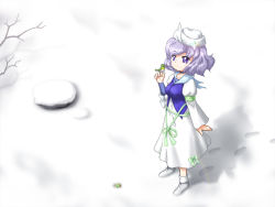 Rule 34 | 1girl, ankle boots, bespectacled, bird, bird on hand, blue eyes, boots, bow, breasts, choker, dress, flower, footprints, from above, fujimiya kikyou, glasses, hat, hat flower, juliet sleeves, letty whiterock, light purple hair, long sleeves, looking up, puffy sleeves, ribbon, rimless eyewear, rock, shadow, short hair, smile, snow, solo, touhou, touryuu fuuki, branch