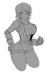 Rule 34 | 1girl, armpits, bamman, bare shoulders, belt, breasts, clenched hand, cowboy shot, forehead, gauntlets, greyscale, hand on own hip, highres, kazama asuka, korean commentary, large breasts, looking to the side, monochrome, open clothes, parted bangs, short hair, short shorts, shorts, simple background, solo, sweat, sweatdrop, tank top, tekken, tekken 5, thighs, white background