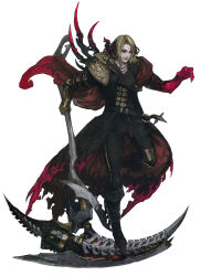 Rule 34 | 1boy, alternate form, artist request, belt, black coat, black footwear, black horns, black pants, black sclera, blonde hair, boots, cape, coat, colored extremities, colored sclera, concept art, final fantasy, final fantasy xiv, floating cape, garlean, gauntlets, highres, holding, holding scythe, horns, jewelry, knee boots, leg up, male focus, multicolored hair, official art, pants, pendant, reaper (final fantasy), red cape, red eyes, red hands, scythe, simple background, single gauntlet, single horn, solo, standing, standing on one leg, tachi-e, third-party source, third eye, torn clothes, torn coat, two-tone hair, white background, zenos yae galvus