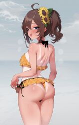 Rule 34 | 1girl, absurdres, ahoge, ass, blue eyes, blush, breasts, brown hair, flower, highres, hololive, kladd, long hair, looking at viewer, looking back, natsuiro matsuri, natsuiro matsuri (hololive summer 2019), official alternate costume, open mouth, revision, small breasts, smile, solo, standing, sunflower, swimsuit, tan, tanline, thighs, virtual youtuber