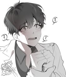 Rule 34 | 1boy, ?, blush, clenched hands, collared shirt, commentary, english commentary, greyscale, highres, holding another&#039;s wrist, kim dokja, male focus, michi (69michichi), monochrome, omniscient reader&#039;s viewpoint, open mouth, shirt, short hair, signature, simple background, spoken question mark, white background