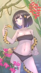 Rule 34 | 1girl, absurdres, animal, arknights, bandeau, bare arms, bare shoulders, black bandeau, black hair, black panties, breasts, cleavage, closed mouth, collarbone, commentary request, copyright request, eunectes (arknights), flower, gluteal fold, groin, hair flower, hair ornament, hand up, highres, medium breasts, multicolored hair, navel, oroshi (oroshi dr), panties, pink flower, pointy ears, purple eyes, purple hair, snake, solo, two-tone hair, underwear, yellow flower