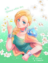 Rule 34 | 1girl, bianca (dq5), birthday, blonde hair, blue eyes, blush, bracelet, braid, breasts, cape, choker, defense zero, dragon quest, dragon quest v, earrings, english text, flower, green eyes, hair over shoulder, jewelry, large breasts, long hair, looking at viewer, orange cape, single braid, slime (dragon quest), smile