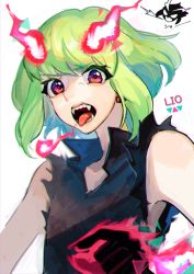 Rule 34 | 1boy, androgynous, black tank top, character name, earrings, fire, flaming horns, green hair, highres, jewelry, lio fotia, looking at viewer, lukiarab, male focus, open mouth, pink fire, promare, purple eyes, short hair, sidelocks, simple background, single earring, solo, tank top, teeth, tongue, tongue out, upper body, white background