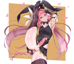 Rule 34 | 1boy, anal, anal beads, animal ears, armpits, astolfo (fate), astolfo (saber) (fate), black bow, black bowtie, black thighhighs, bow, bowtie, commentary request, condom, condom on penis, detached sleeves, fate (series), highres, husun wei, leg up, long hair, looking at viewer, male focus, male penetrated, md5 mismatch, penis, pink hair, rabbit ears, resolution mismatch, revealing clothes, sex toy, solo, source smaller, split, standing, standing on one leg, standing split, thighhighs, trap, twintails, used condom, used condom on penis