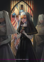 Rule 34 | 1boy, blonde hair, cross, crossdressing, green eyes, own hands clasped, highres, indoors, lipstick, makeup, male focus, nun, original, own hands together, pale skin, stained glass, standing, steamed egg, trap, uniform