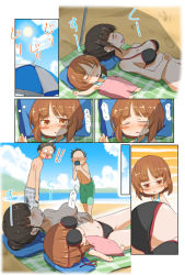 Rule 34 | !, !!, 2boys, 2girls, aged down, barefoot, beach, beach towel, beach umbrella, bikini, black bikini, blanket, blue sky, blunt bangs, blush, bra over eyes, brown eyes, brown hair, cellphone, censored, censored by text, chibi, clothes theft, cloud, cloudy sky, commentary request, day, girls und panzer, green male swimwear, green swim trunks, grey male swimwear, grey swim trunks, hair bun, hair up, half-closed eyes, highres, holding, holding phone, horizon, jaw drop, jinguu (4839ms), looking at another, lying, male swimwear, medium hair, mother and daughter, motion lines, multiple boys, multiple girls, navel, nishizumi miho, nishizumi shiho, on back, open mouth, outdoors, phone, pillow, plaid, plaid male swimwear, plaid swim trunks, plaid swimsuit, print male swimwear, print swim trunks, print swimsuit, saliva, shade, short hair, single hair bun, sitting, sky, sleeping, sleepy, smartphone, standing, sun, sweat, swim trunks, swimsuit, taking picture, theft, topless, towel, translation request, umbrella, wide-eyed