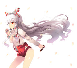 Rule 34 | 1girl, bare legs, bottle, bow, breasts, comic, drink, female focus, floating hair, fujiwara no mokou, hair bow, hair ribbon, impossible clothes, impossible shirt, long hair, mouth hold, pen, petals, profile, red eyes, ribbon, shin (new), shirt, shorts, simple background, solo, suspenders, touhou, very long hair, wavy hair, white background, white hair