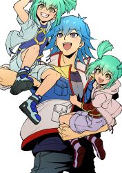 Rule 34 | 1girl, 2boys, absurdres, arm up, blue footwear, blue hair, blue jacket, blue shirt, blue shorts, bruno (yu-gi-oh!), carrying, carrying person, child, clothes grab, denim, green hair, grin, happy, high collar, high ponytail, highres, hood, hooded jacket, jacket, jeans, layered sleeves, long sleeves, looking up, lua (yu-gi-oh!), luca (yu-gi-oh!), male focus, multiple boys, open clothes, open jacket, open mouth, pants, pink jacket, ponytail, purple eyes, purple footwear, purple shorts, red footwear, red shirt, shirt, shoes, short hair, short ponytail, short sleeves, short twintails, shorts, simple background, sitting, sleeves rolled up, smile, standing, twintails, white background, white jacket, wristband, yellow eyes, youko-shima, yu-gi-oh!, yu-gi-oh! 5d&#039;s
