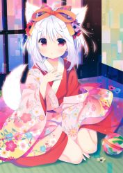 Rule 34 | 1girl, absurdres, ahoge, animal ears, ball, between legs, blush, bow, chestnut mouth, collarbone, colored eyelashes, floral print, flower, fox ears, fox tail, furisode, hair bow, hair ribbon, hand between legs, hand on own chest, highres, japanese clothes, kimono, looking at viewer, off shoulder, on floor, open mouth, orange ribbon, original, red eyes, ribbon, riichu, santa matsuri, scan, solo, tail, tatami, white hair