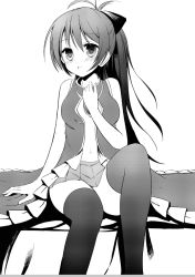 Rule 34 | 10s, 1girl, bad id, bad pixiv id, blush, breasts, dan ball, greyscale, long hair, magical girl, mahou shoujo madoka magica, mahou shoujo madoka magica (anime), monochrome, navel, open clothes, sakura kyoko, simple background, sitting, skirt, solo, thighhighs, white background