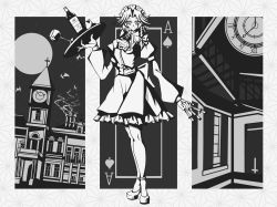 Rule 34 | 1girl, ace (playing card), ace of spades, alcohol, bad id, bad pixiv id, bat (animal), between fingers, bottle, bow, braid, chinese commentary, clock, clock tower, closed mouth, commentary request, cup, dress, drinking glass, duojiaomaotou-tougarashi, frilled dress, frills, full body, full moon, greyscale, hair bow, high heels, highres, holding, holding tray, izayoi sakuya, knife, looking at viewer, maid, maid headdress, mansion, monochrome, moon, night, playing card, scarlet devil mansion, short hair with long locks, side braid, single braid, sky, smile, solo, spade (shape), star (sky), starry sky, touhou, tower, tray, wine, wine bottle, wine glass