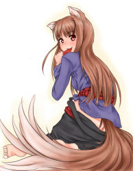 Rule 34 | 00s, animal ears, barefoot, brown hair, eating, holo, long hair, mouth hold, red eyes, scharfschutze, solo, spice and wolf, tail, wolf ears, wolf tail