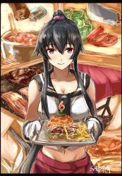 Rule 34 | 1girl, anniversary, bacon, beef, black hair, black necktie, black sailor collar, blush, bread, breasts, burger, chopping, cleavage, closed mouth, commentary request, cooking, cowboy shot, cutting board, food, french fries, gloves, grilling, hair between eyes, highres, holding, kantai collection, large breasts, lettuce, long hair, looking at viewer, midriff, navel, necktie, onion, pepper shaker, pink scrunchie, plate, pleated skirt, ponytail, pouring, red eyes, red skirt, sailor collar, salt shaker, school uniform, scrunchie, seitei (04seitei), serafuku, shirt, sidelocks, skirt, sleeveless, sleeveless shirt, smile, solo, tomato, twitter username, white gloves, white shirt, yahagi (kancolle)