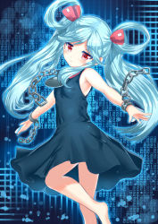 Rule 34 | 1girl, aldehyde, aqua hair, bare arms, bare shoulders, barefoot, beatmania, beatmania iidx, bemani, black dress, blush, chain, cuffs, cyberspace, dress, hair ribbon, hair rings, highres, jubeat, long hair, looking at viewer, looking back, maud, outstretched arms, red eyes, reflec beat, ribbon, shackles, sleeveless, sleeveless dress, solo, twintails, very long hair