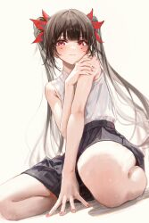 Rule 34 | 1girl, absurdres, bare arms, bare shoulders, black hair, black skirt, facial mark, grey background, hidulume, highres, honkai: star rail, honkai (series), long hair, looking at viewer, miniskirt, red eyes, seiza, simple background, sitting, skirt, smile, solo, sparkle (honkai: star rail), twintails, very long hair
