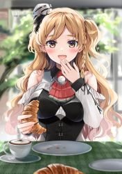 Rule 34 | 1girl, absurdres, bare shoulders, blonde hair, blush, braid, bread, breasts, brown eyes, cafe, cleavage cutout, clothing cutout, coffee, croissant, eating, food, french braid, hat, highres, kantai collection, large breasts, long hair, looking at viewer, mini hat, open mouth, plate, shirt, side braid, smile, solo, table, tilted headwear, upper body, wavy hair, white background, white shirt, window, yunamaro, zara (kancolle)