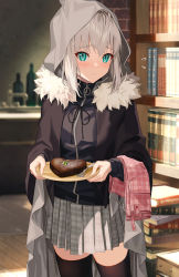 Rule 34 | 1girl, ahoge, apron, aqua eyes, black thighhighs, blush, book, bookshelf, cake, chocolate, chocolate cake, cloak, cowboy shot, fate (series), food, fork, fur trim, gray (fate), grey cloak, heart-shaped cake, highres, holding, holding plate, hood, hoodie, indoors, long sleeves, looking at viewer, lord el-melloi ii case files, motto (night wear), parted lips, pink apron, plate, pleated skirt, short hair, silver hair, sink, skirt, solo, thighhighs