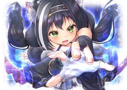 Rule 34 | 1girl, absurdres, animal ear fluff, animal ears, bare shoulders, black hair, cat ears, cat girl, commentary, fang, fingerless gloves, fingernails, forehead, frilled skirt, frills, gem, gloves, green eyes, hair between eyes, hairband, hazakura shoha, highres, karyl (overload) (princess connect!), karyl (princess connect!), long hair, long sleeves, multicolored hair, off shoulder, open mouth, outstretched hand, princess connect!, puffy long sleeves, puffy sleeves, skin fang, skirt, solo, sparkle, sweat, twintails, two-tone hair, upper body, v-shaped eyebrows, white gloves, white hair