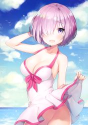 Rule 34 | 1girl, absurdres, ayamy, bare shoulders, blue sky, bottomless, breasts, cleavage, cloud, cloudy sky, collarbone, day, fate/grand order, fate (series), hair over one eye, highres, lifting own clothes, looking at viewer, mash kyrielight, mash kyrielight (swimsuit of perpetual summer), medium breasts, ocean, official alternate costume, open mouth, out-of-frame censoring, pink hair, purple eyes, scan, short hair, simple background, skirt hold, sky, sleeveless, smile, solo, thighs, water