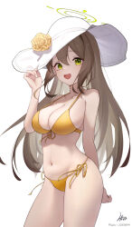 Rule 34 | 1girl, absurdres, arm behind back, bikini, blue archive, breasts, cowboy shot, flower, front-tie bikini top, front-tie top, green eyes, halo, hand up, hat, hat flower, highres, holding, holding clothes, holding hat, large breasts, light brown hair, long hair, looking at viewer, luma li, navel, nonomi (blue archive), nonomi (swimsuit) (blue archive), official alternate costume, open mouth, pixiv id, side-tie bikini bottom, sideboob, signature, smile, solo, stomach, sun hat, swimsuit, white background, white hat, yellow bikini