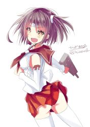 Rule 34 | 10s, 1girl, ass, blush, breasts, brown hair, cowboy shot, detached sleeves, eyebrows, from side, gradient hair, hair ornament, headband, highres, hizaka, holding, kantai collection, looking at viewer, medium breasts, multicolored hair, nagara (kancolle), neckerchief, open mouth, panties, pleated skirt, red panties, red skirt, school uniform, serafuku, short hair, side ponytail, simple background, skirt, smile, solo, thighhighs, twitter username, two-tone hair, underwear, white background, white thighhighs, yellow eyes