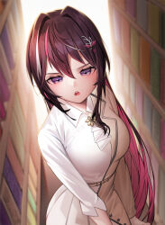 Rule 34 | 1girl, :o, azki (4th costume) (hololive), azki (hololive), belt, black hair, blue eyes, bookshelf, breasts, buttons, collared shirt, colored inner hair, dress, hair between eyes, hair ornament, highres, hololive, large breasts, library, looking at viewer, multicolored hair, open mouth, pink hair, shirt, solo, streaked hair, tungsten (kwfr4544), virtual youtuber, white hair, wing collar