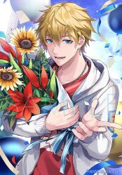 Rule 34 | 1boy, balloon, blonde hair, blue eyes, blue ribbon, bouquet, cloud, confetti, copyright name, earrings, ex albio, ex albio (2nd costume), flower, holding, holding bouquet, hood, hoodie, jewelry, kurosakiinu, looking back, male focus, necklace, nijisanji, official alternate costume, official art, outdoors, red flower, red shirt, ribbon, sample watermark, shirt, single earring, sky, solo, streamers, sunflower, t-shirt, teeth, tongue, virtual youtuber, watermark, white hoodie