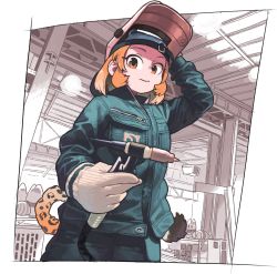 Rule 34 | 1girl, alternate costume, arm up, backwards hat, baseball cap, bell (hellchan3), breast pocket, closed mouth, contemporary, cowboy shot, gloves, hand on headwear, hat, highres, holding, holding instrument, indoors, instrument, jacket, jaguar (kemono friends), jaguar tail, kemono friends, long sleeves, lucky beast (kemono friends), medium hair, open clothes, open jacket, orange eyes, orange hair, pants, pocket, sidelocks, solo, tail, tig welder, unzipped, zipper pull tab